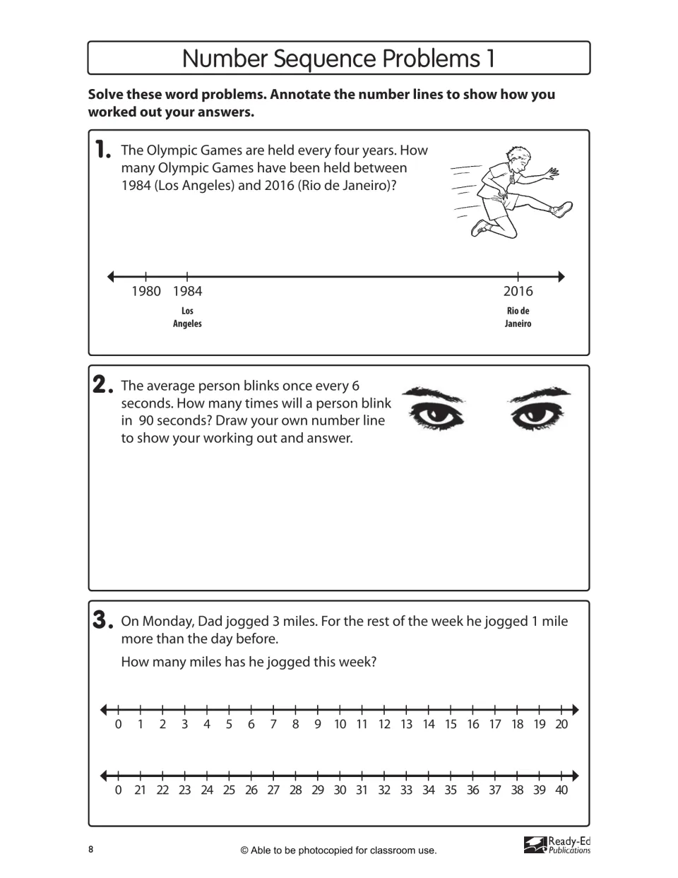 Number Sequence Problems 1 asks students to use number lines for Olympic Games, blinking, and jogging problems