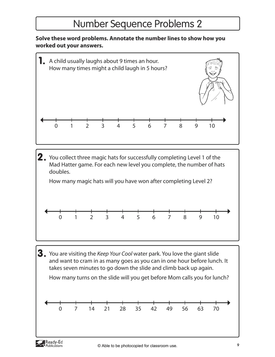 Number Sequence Problems 2 uses number lines for word problems about laughing, magic hats, and water slide turns