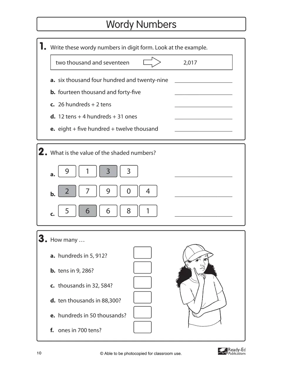 Wordy Numbers practice asks students to write numbers in digit form, identify place values, and count units