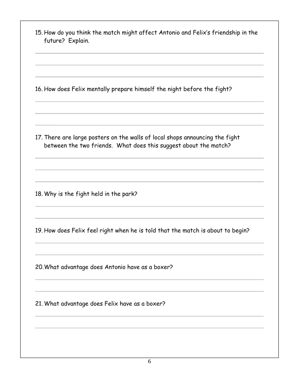 Questions 15-21: students discuss Felix's preparation, fight posters, the park venue and each boxer's advantage