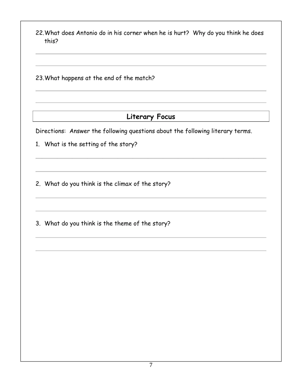 Final questions on the match ending, then Literary Focus: students identify the story's setting, climax and theme