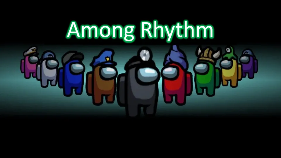 Among Rhythm title slide and cover, with Among Us crewmate characters in hats lined up under the glowing title