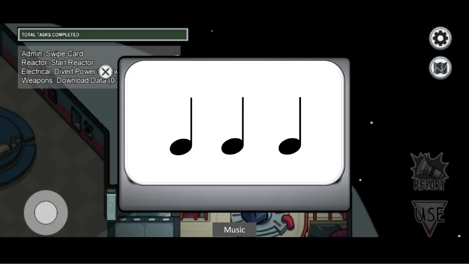 Rhythm task 1: three quarter notes for the class to clap, speak or perform, set in an Among Us task window