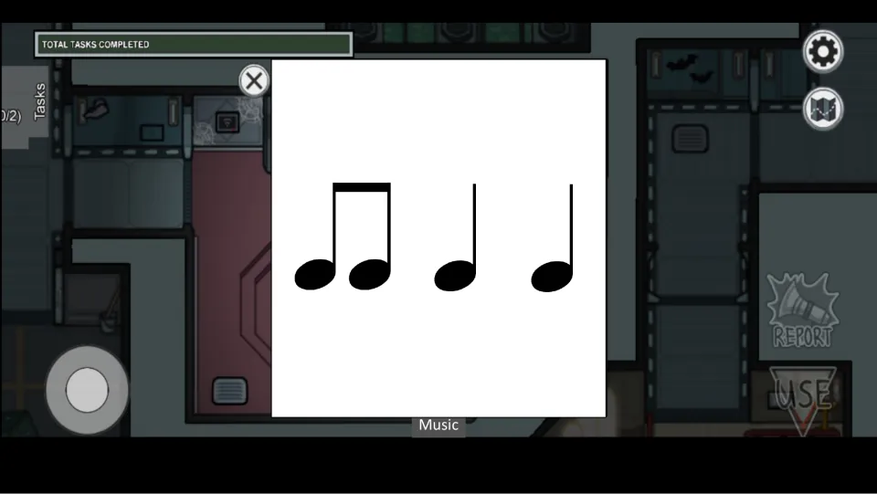Rhythm task 3: two beamed eighth notes followed by two quarter notes on an Among Us style game screen
