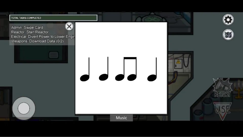 Rhythm task 4: quarter, quarter, two beamed eighth notes, quarter, in a white task window over the game map