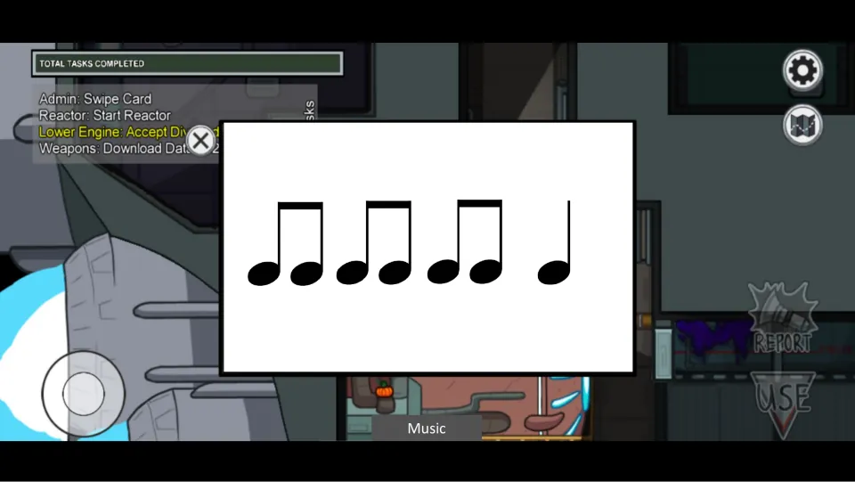 Rhythm task 5: three pairs of beamed eighth notes ending on a quarter note, in an Among Us task window