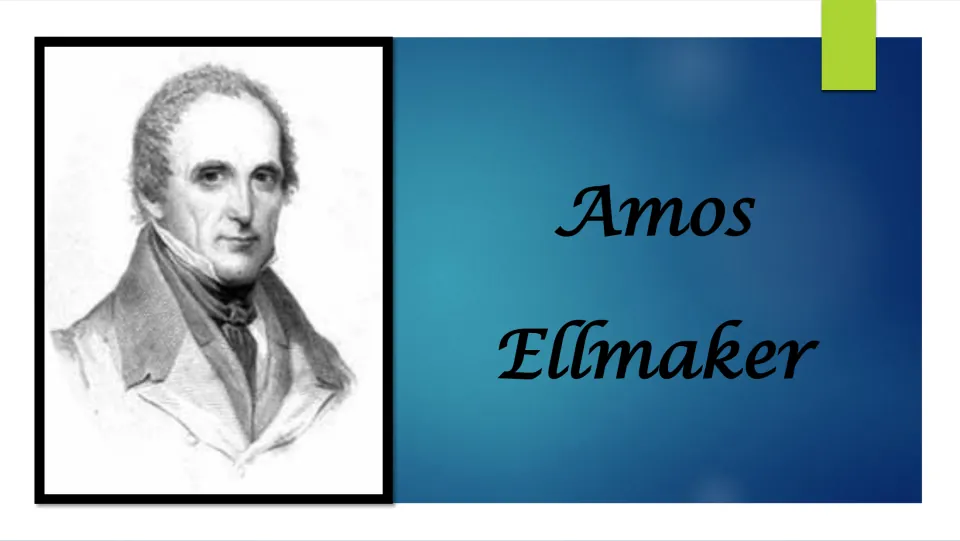 Title slide of a biography presentation on Amos Ellmaker, shown beside an engraved portrait of him in a high-collared coat