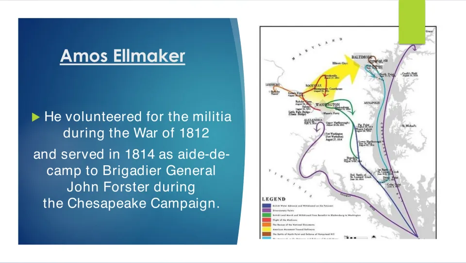 War of 1812: Ellmaker served in 1814 as aide-de-camp to Gen. John Forster in the Chesapeake Campaign; campaign route map