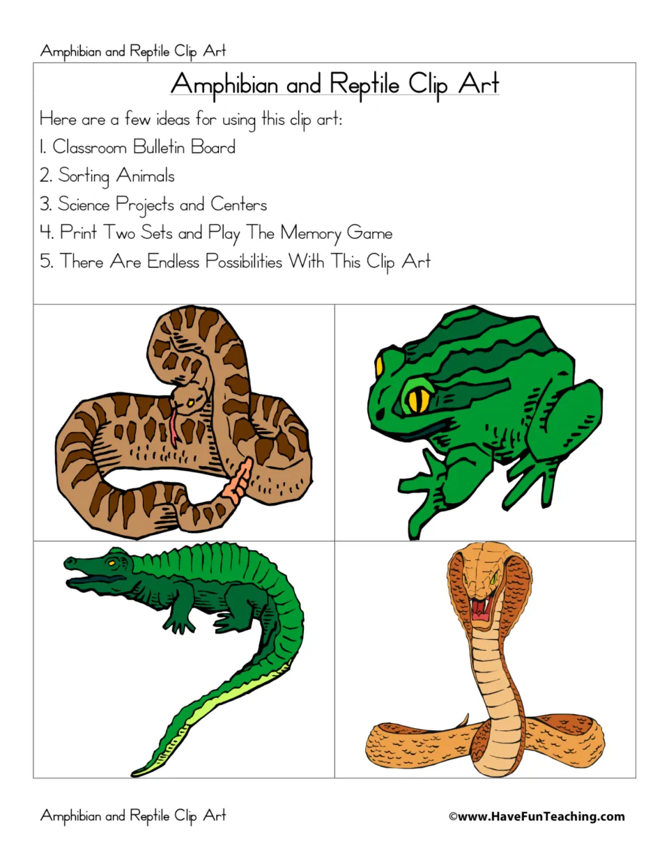 Amphibian and reptile clip art listing uses like sorting and a memory game, with a snake, frog, crocodile and cobra