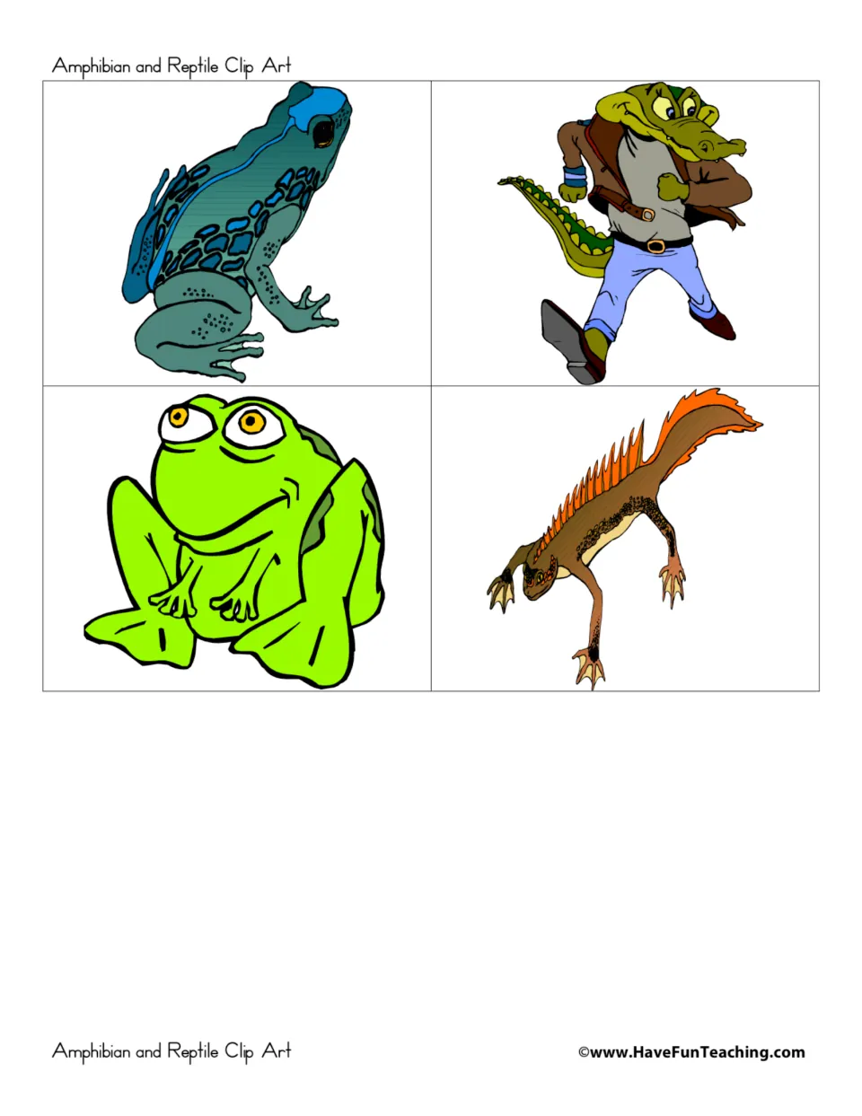 Four animal picture cards: a blue frog, a crocodile wearing clothes, a cartoon green frog and a crested newt for sorting