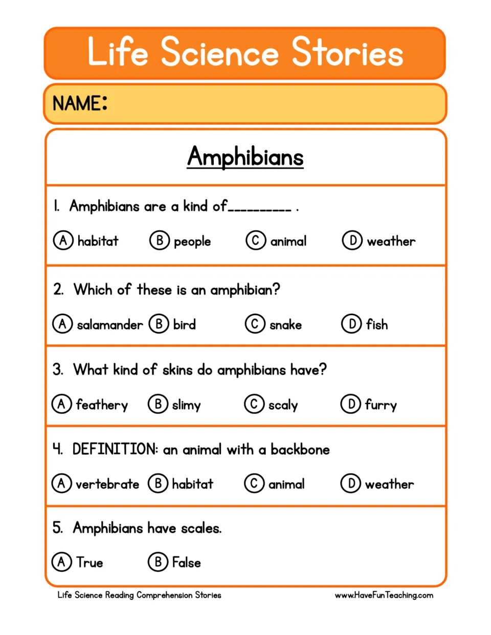 Five amphibian comprehension questions cover animal classification, salamanders, skin, backbones, and scales.
