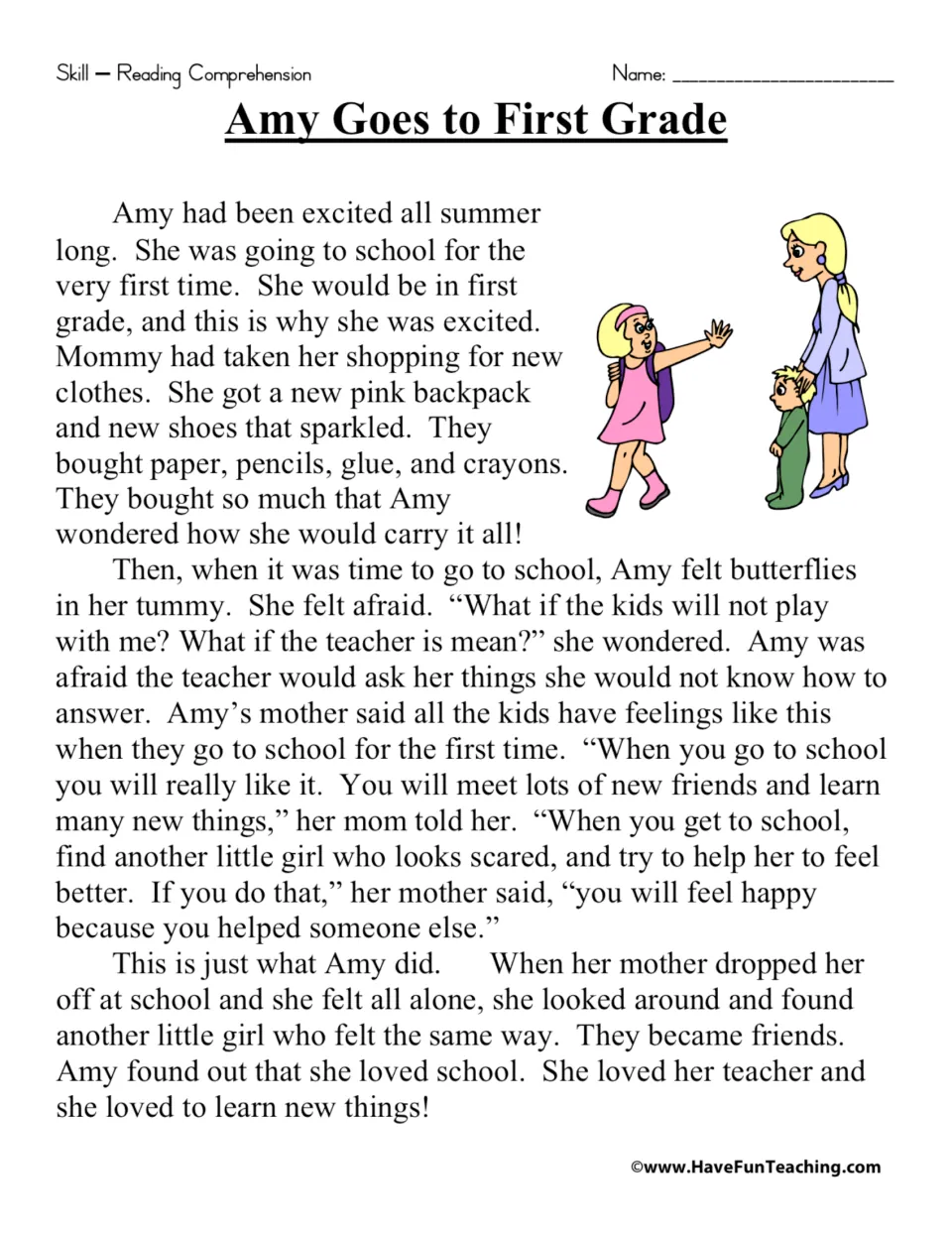 Amy Goes to First Grade story: students read how Amy overcomes first-day fears at school by helping another scared girl