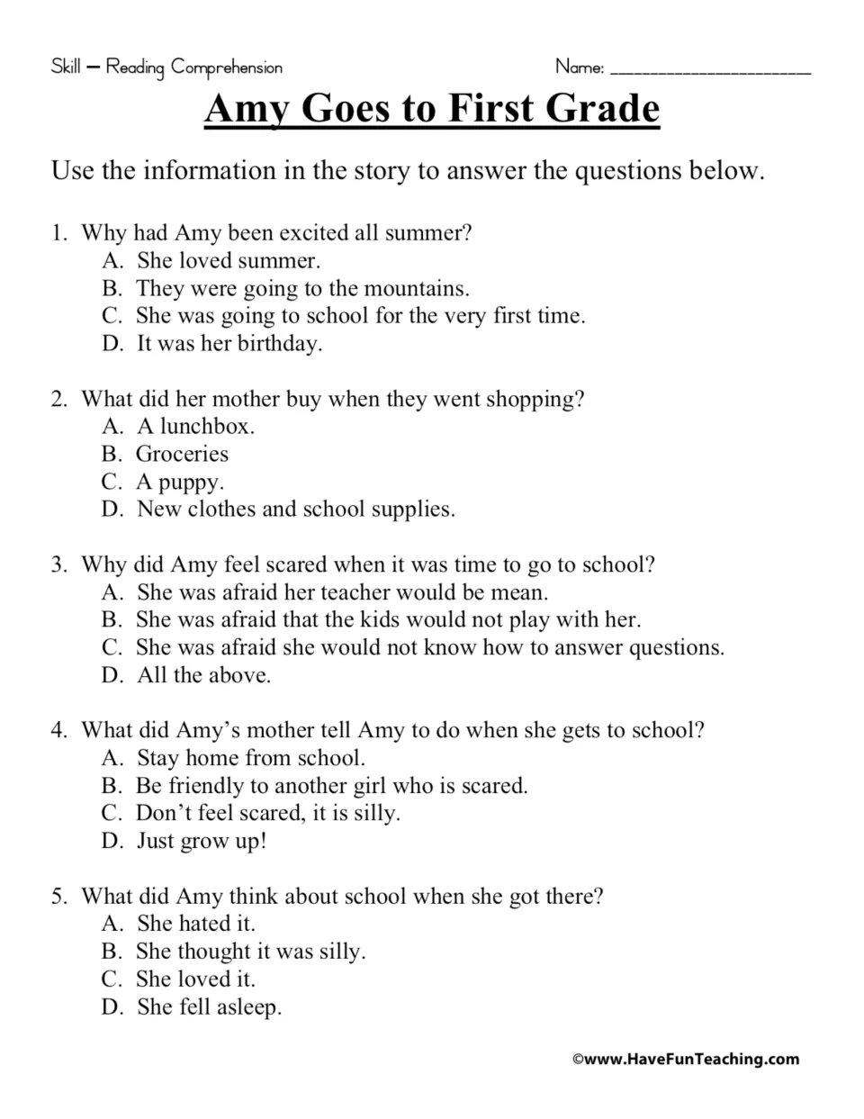 Reading comprehension quiz: students answer 5 multiple-choice questions about why Amy was excited, scared and loved school