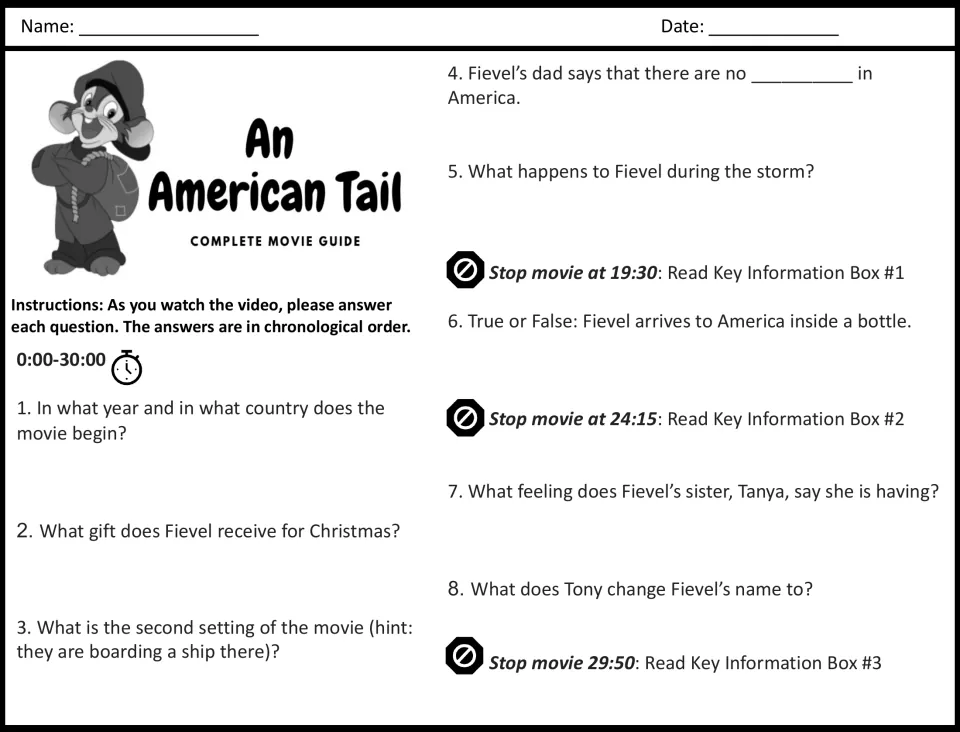 An American Tail movie guide, minutes 0:00-30:00: students answer questions 1-8 while watching and pause for Key Boxes