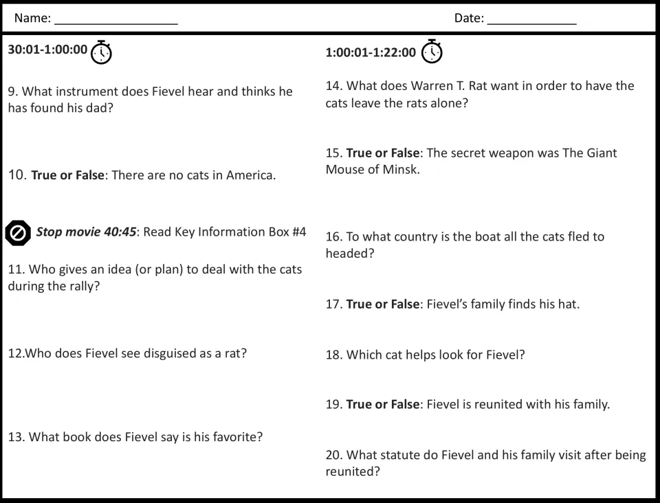 Movie questions 9-20 for minutes 30:01 to 1:22:00: students answer short-answer and true or false items while watching