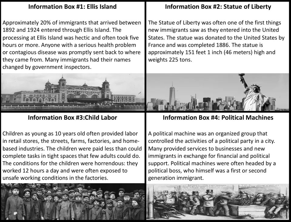 Reading on Ellis Island, the Statue of Liberty, child labor and political machines, each with a historical image