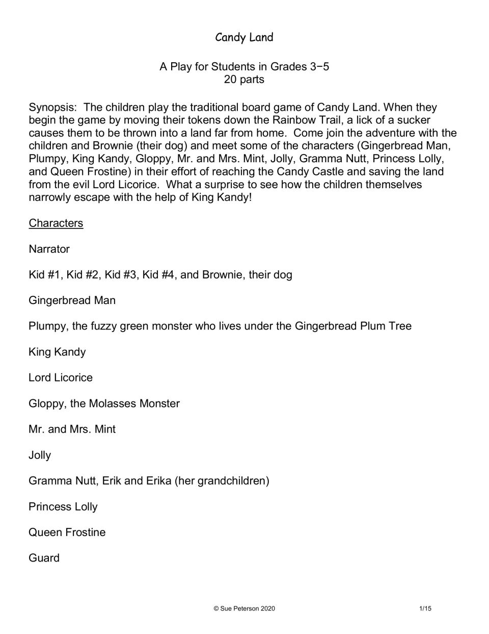 Play synopsis and cast list: kids and dog Brownie enter the board game; 20 roles incl. King Kandy, Lord Licorice, Gloppy