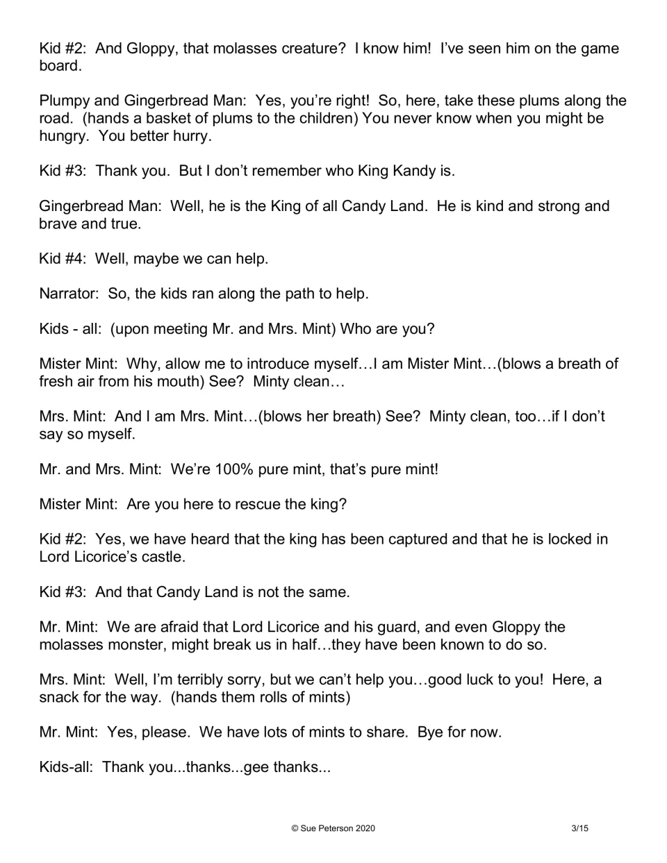 Script scene: Plumpy and Gingerbread Man give plums, then Mr. and Mrs. Mint introduce themselves but decline to help them