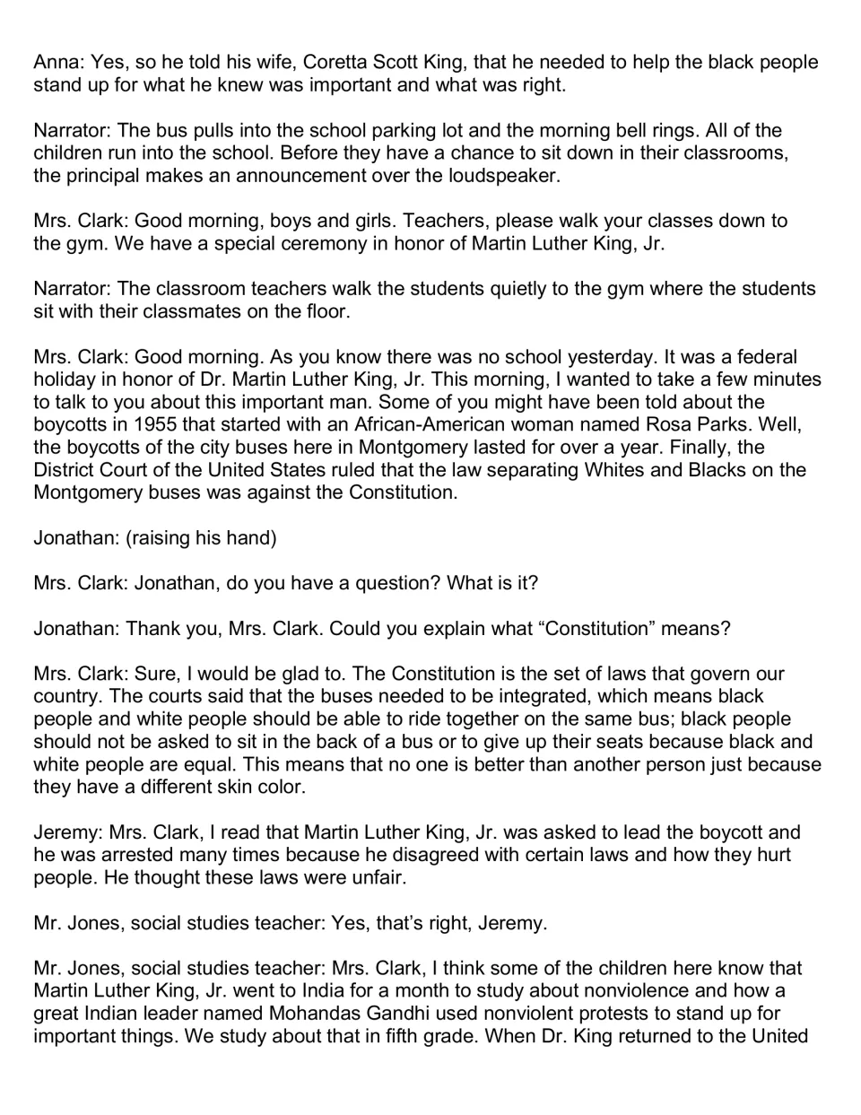 Second script page moves to a school assembly about bus integration, the Constitution, and Gandhi’s nonviolence.