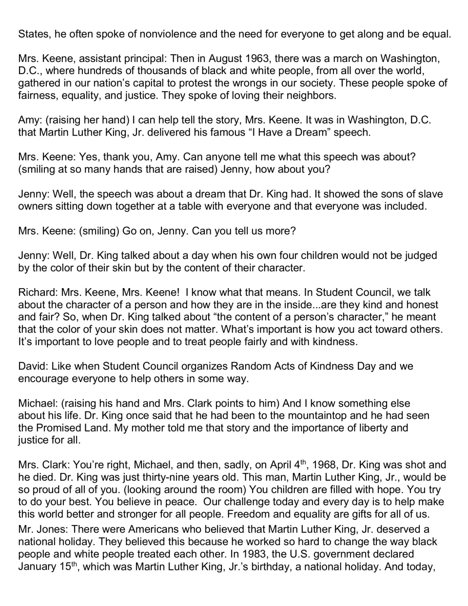 Third script page discusses the March on Washington, King’s dream, character, kindness, and his death.
