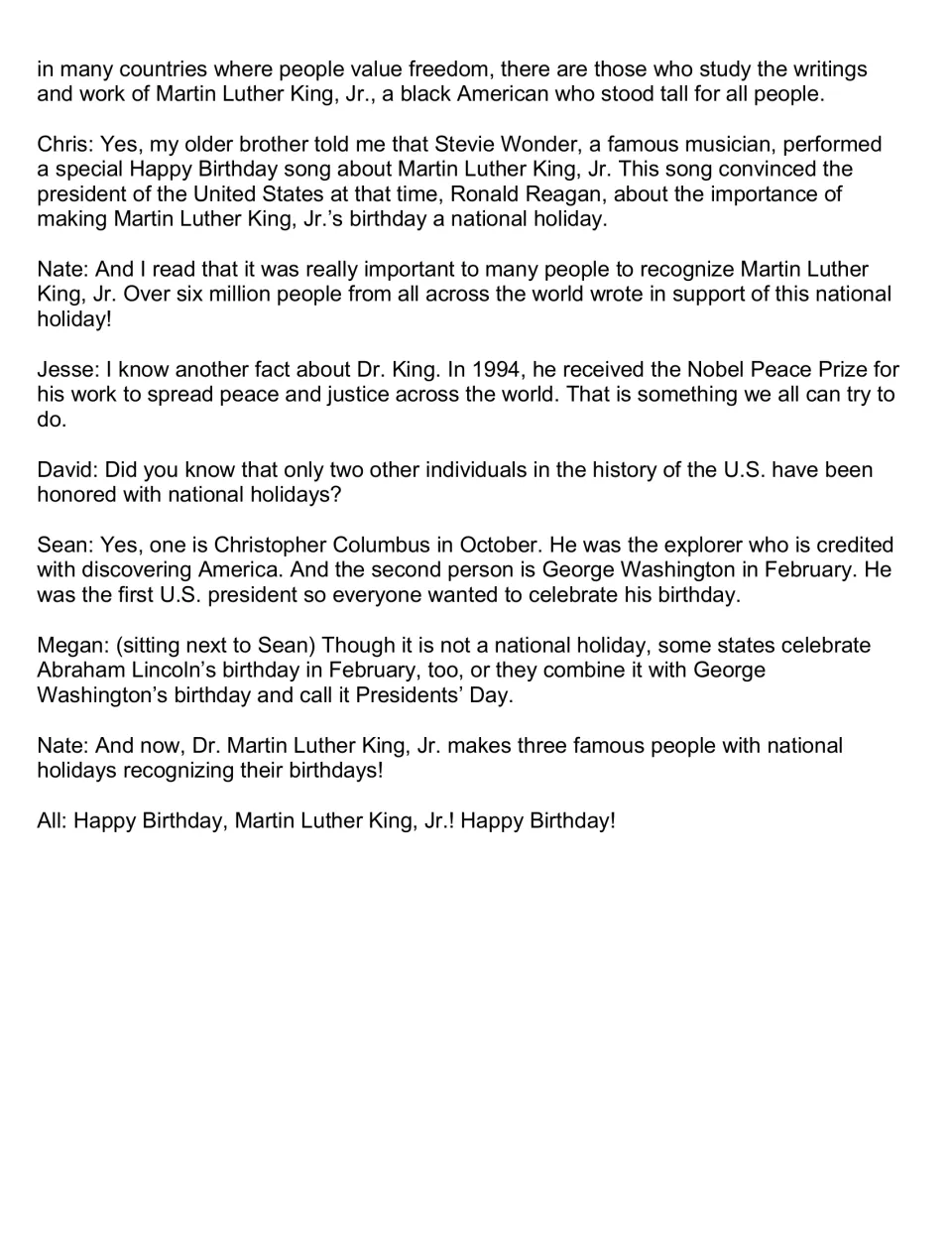 Final script page discusses support for King’s holiday, the Nobel Peace Prize, and other people honored by holidays.