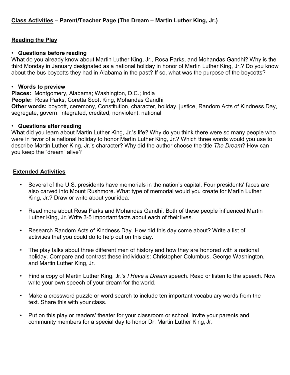 Teacher guide includes before- and after-reading questions, vocabulary, research tasks, and performance ideas.