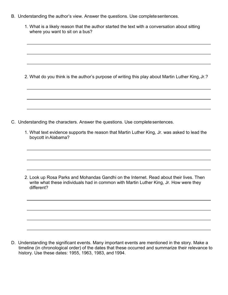 Student activities ask about author’s purpose, evidence about King, comparisons with Parks and Gandhi, and a timeline.