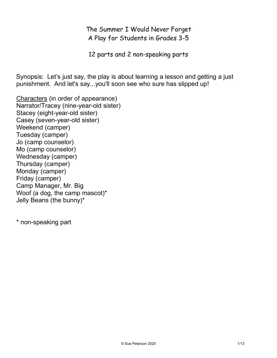 Cast list and synopsis: 14 characters, including three sisters, counselors Jo and Mo, and campers named for weekdays