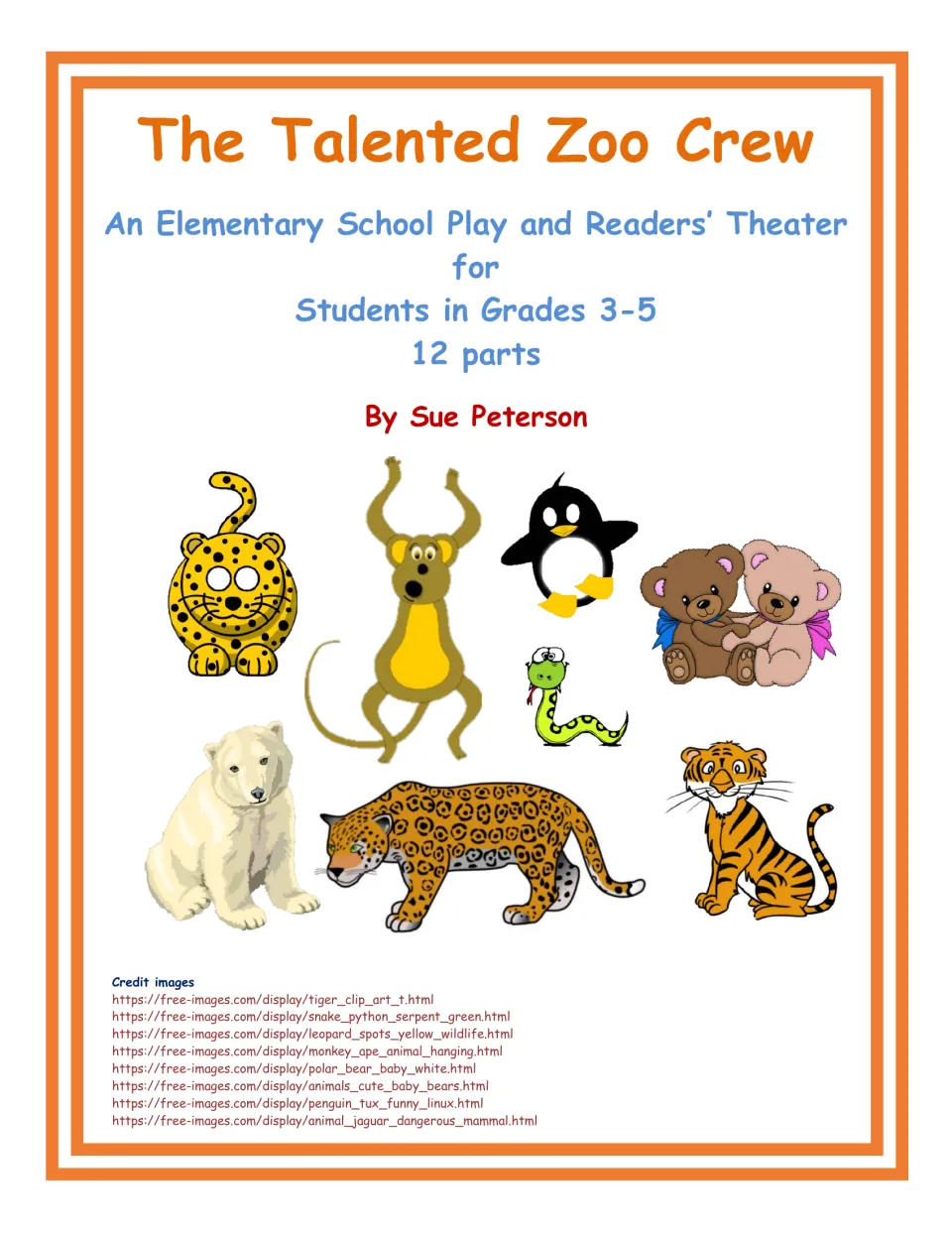 The Talented Zoo Crew cover identifies a play and readers’ theater for grades 3–5, with 12 parts, by Sue Peterson