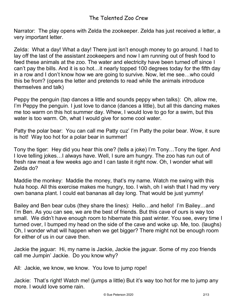 Opening script page introduces Zelda’s unpaid zoo bills and animals describing their talents and living conditions