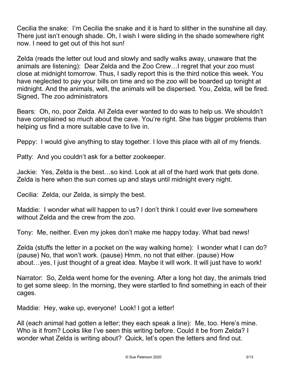 Second script page reveals the zoo’s closure notice, the animals’ concern for Zelda, and letters she sends them