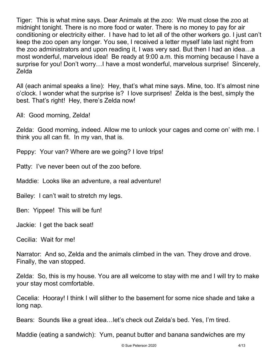 Third script page follows Zelda as she takes the animals in her van to stay at her house after the zoo closes