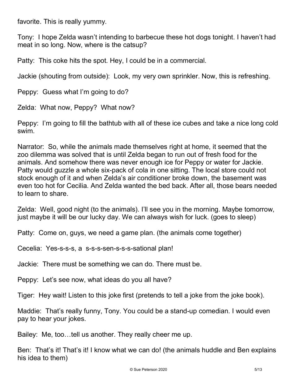 Fourth script page shows animals exhausting Zelda’s home supplies before Tony’s jokes inspire Ben’s idea