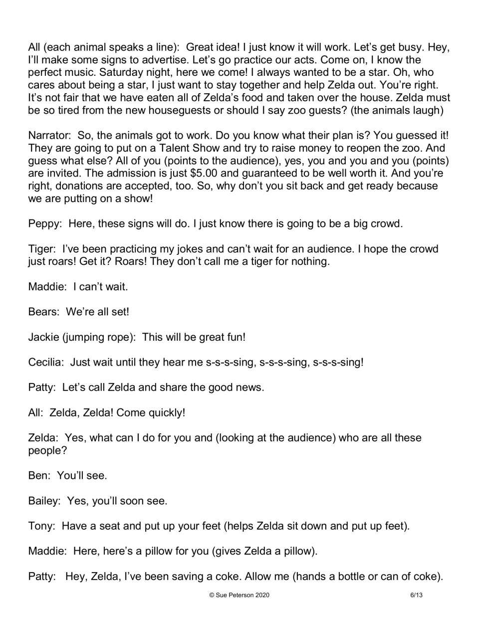 Fifth script page reveals the animals’ talent show fundraiser and their preparations to surprise Zelda