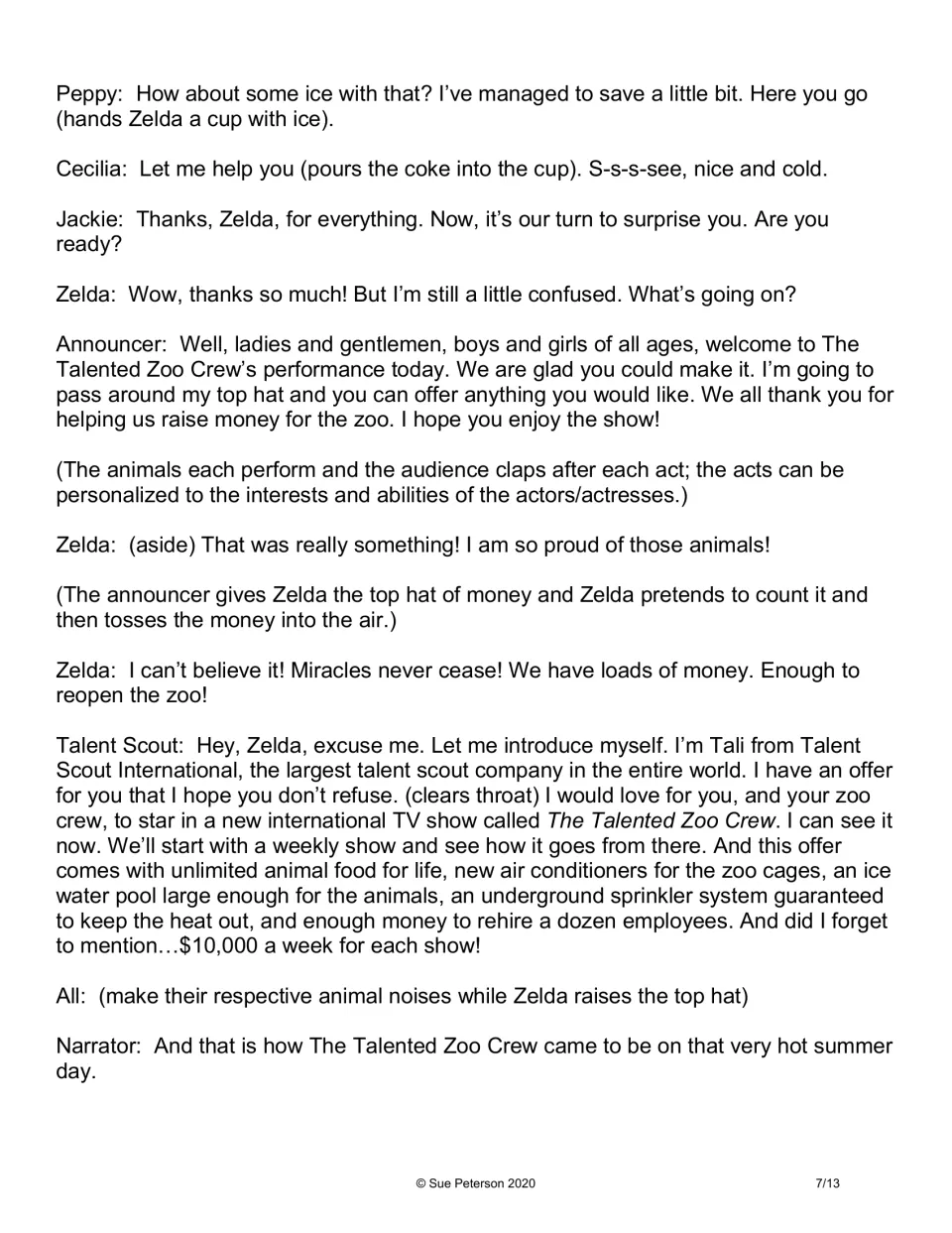 Final script page features the talent show, money to reopen the zoo, and a talent scout’s television offer