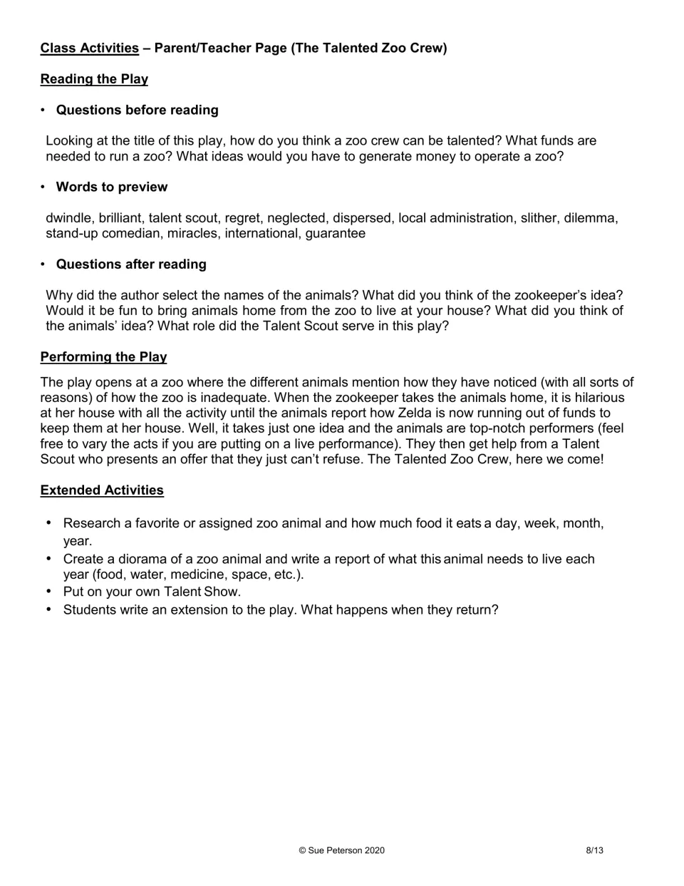 Parent and teacher activity guide includes reading questions, vocabulary, performance notes, and extension tasks