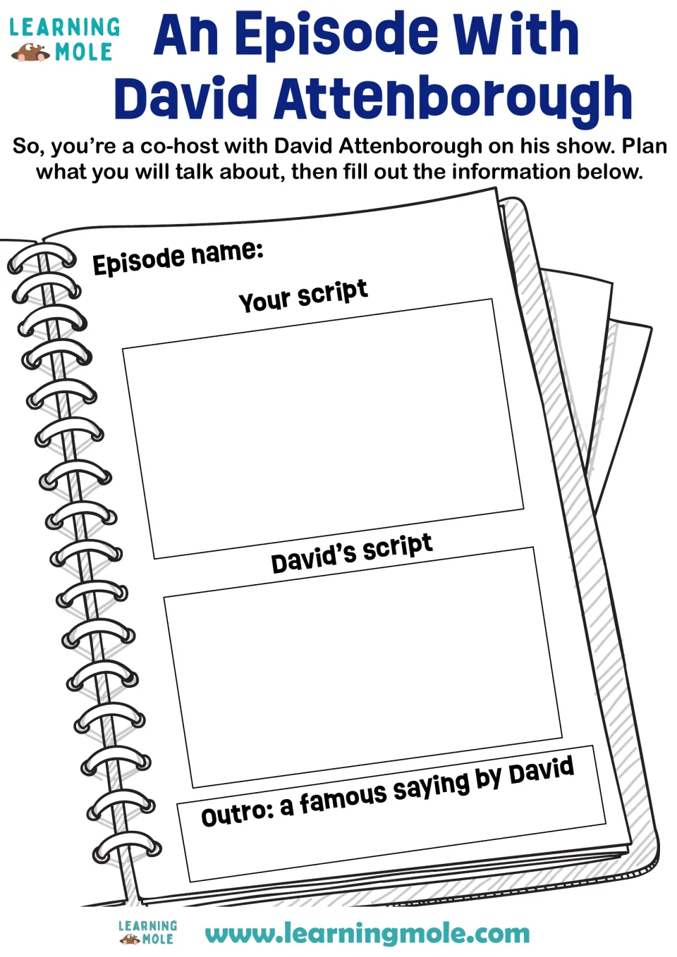 Nature show co-host planner: students name an episode, write their script and David's, and add an outro saying