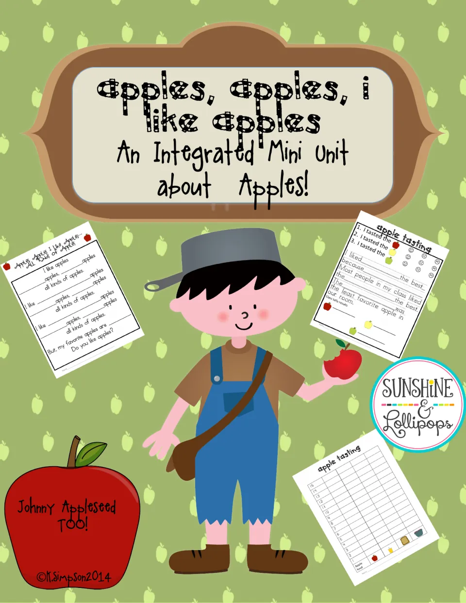 Apples, Apples, I Like Apples cover: apple mini unit with Johnny Appleseed, apple tasting graph and response sheet