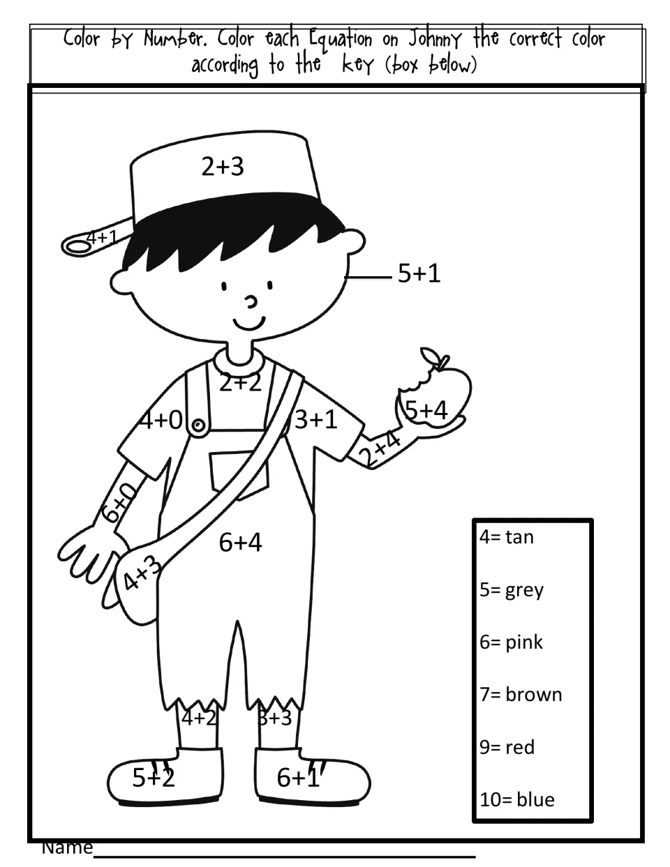 Johnny Appleseed color by number: students solve addition facts like 2+3 and 6+4 and color each sum by the key