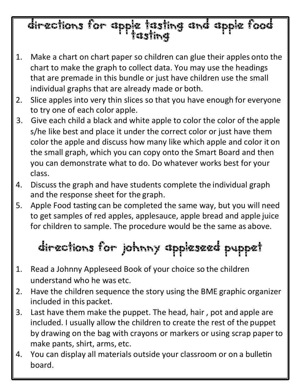 Teacher directions for apple tasting, apple food tasting and a Johnny Appleseed paper bag puppet with BME sequencing