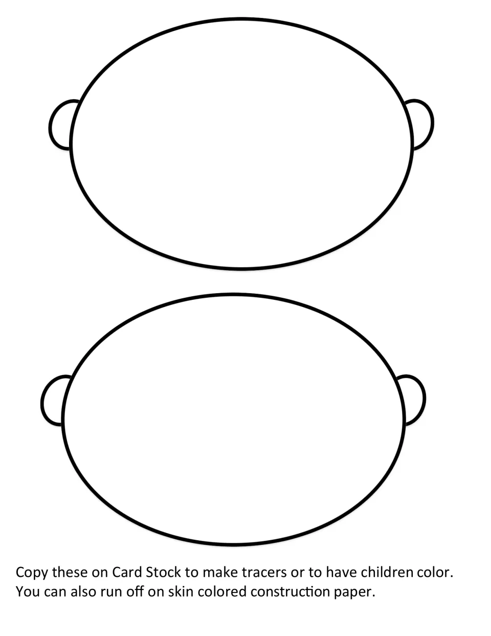 Johnny Appleseed puppet heads: two oval face templates with ears to copy on card stock as tracers or to color