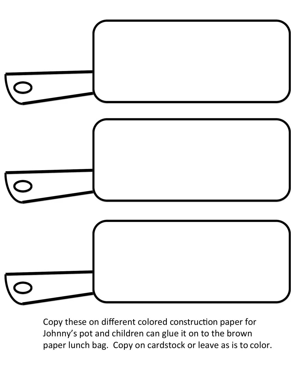 Johnny Appleseed puppet pot hats: three pot templates with handles to cut out and glue onto a brown paper lunch bag