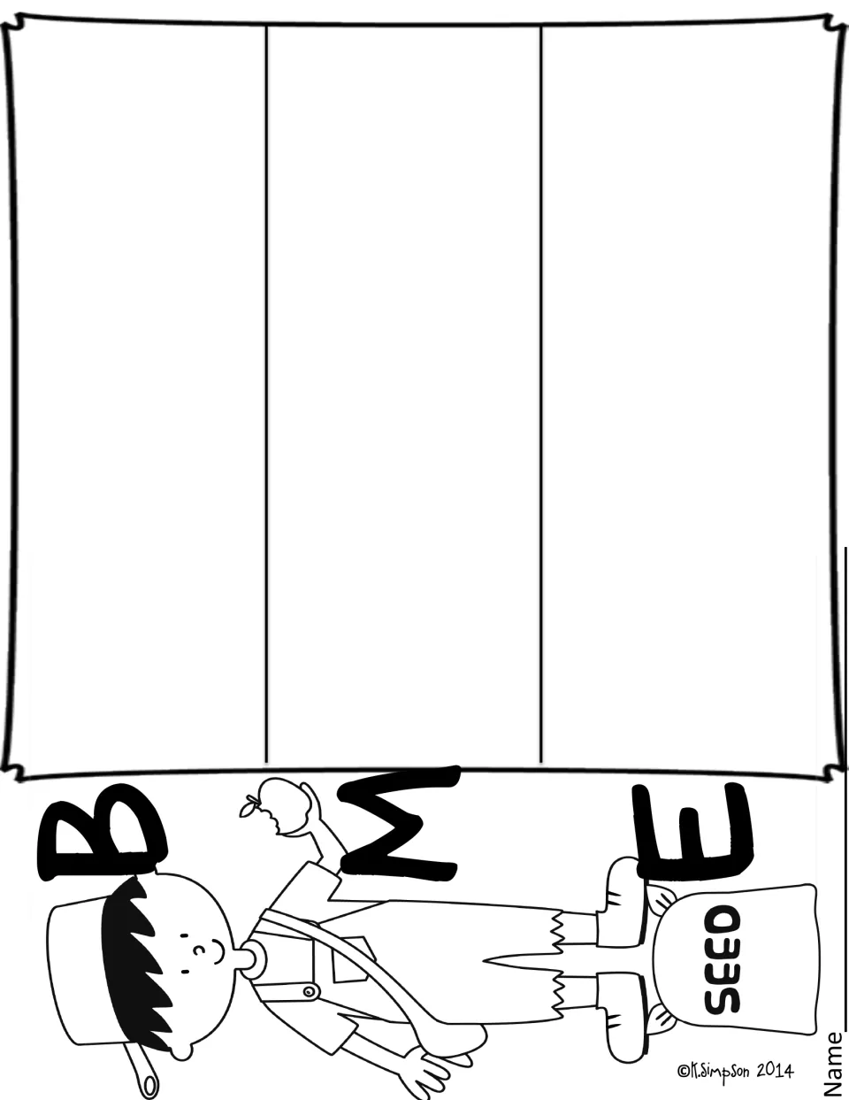 Unlined BME organizer: students show the Johnny Appleseed story's beginning, middle and end in three blank sections