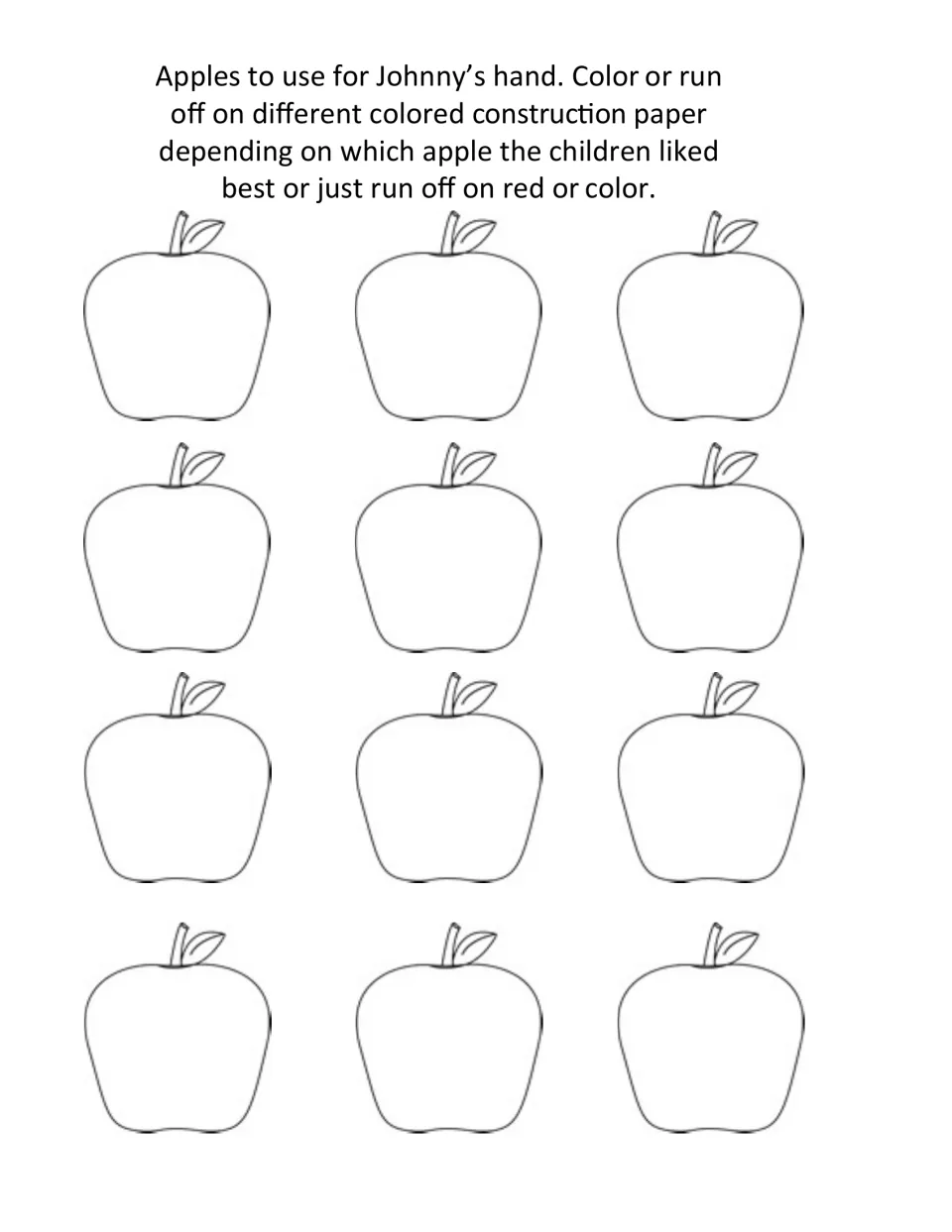 Apples for Johnny's hand: twelve outline apples to color or copy on colored paper to match each child's favorite apple