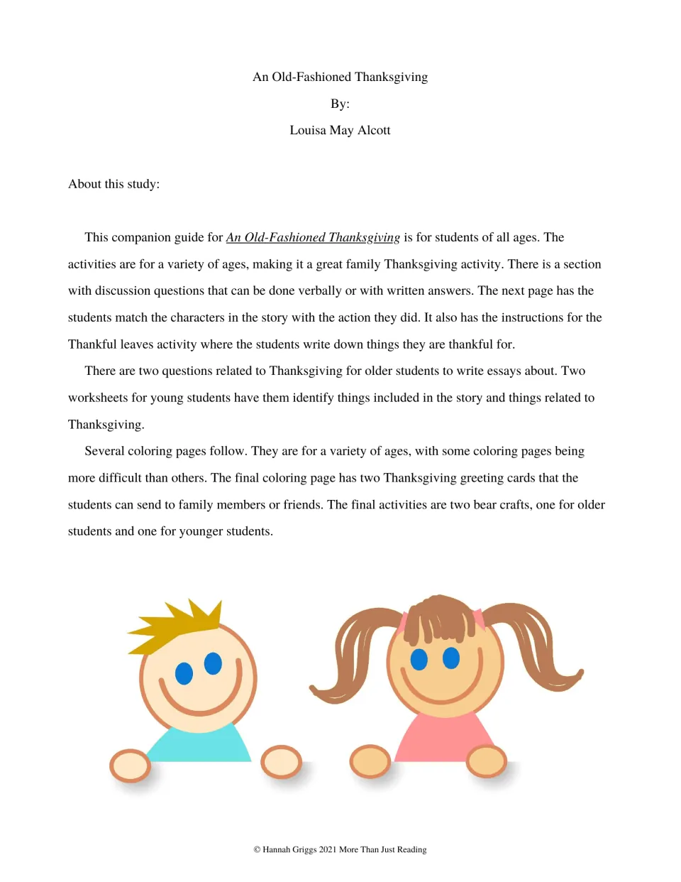 Guide introduction outlining story discussion, character matching, thankful leaves, writing, coloring, and crafts