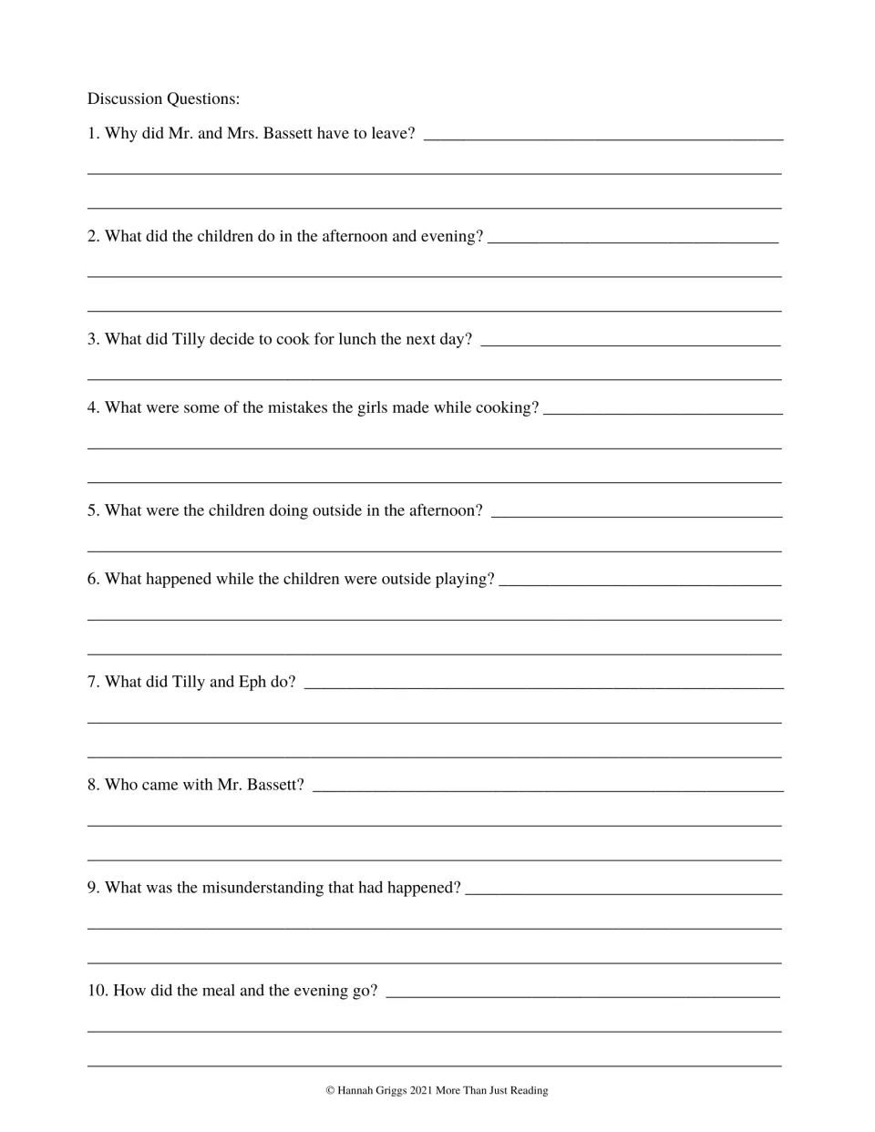 Ten story discussion questions about the Bassetts’ departure, cooking mistakes, outdoor play, and the evening meal