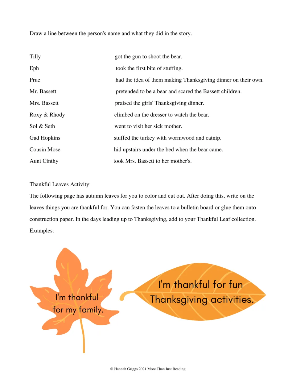 Story character matching for ten names or pairs, plus instructions for writing gratitude on thankful leaf cutouts
