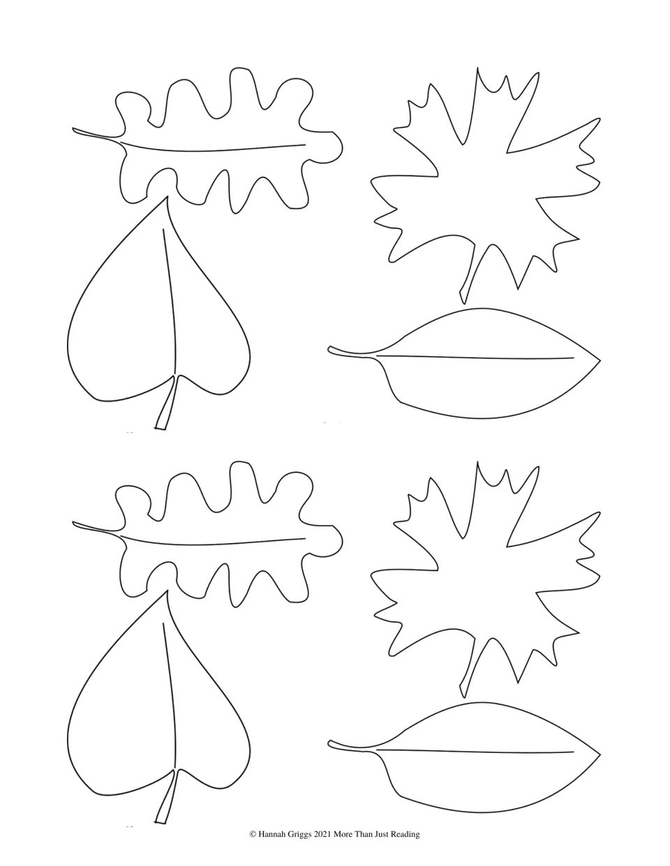 Eight autumn leaf cutouts in four repeated shapes for coloring and writing things students are thankful for