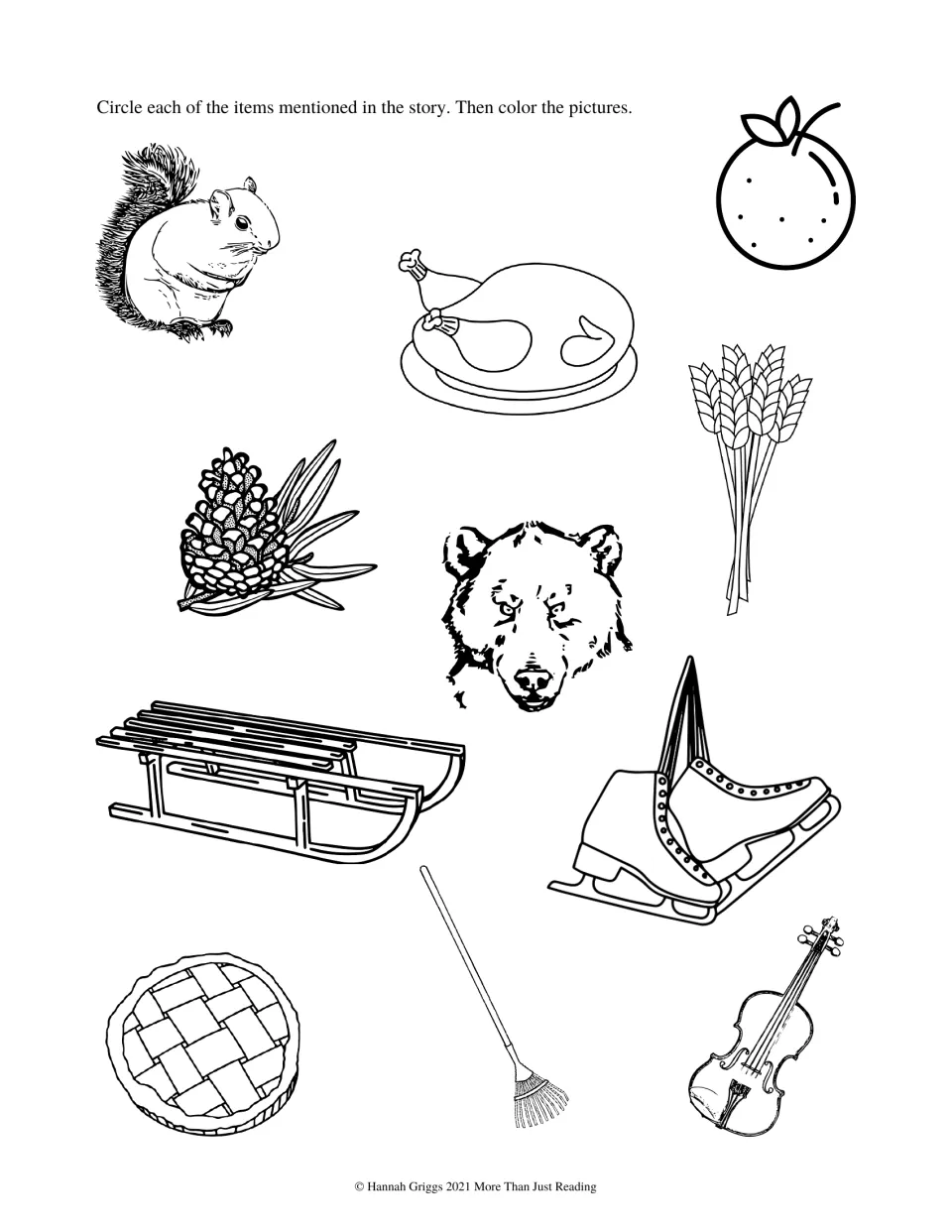 Story picture identification activity: circle items mentioned in the story, including a bear, then color the pictures