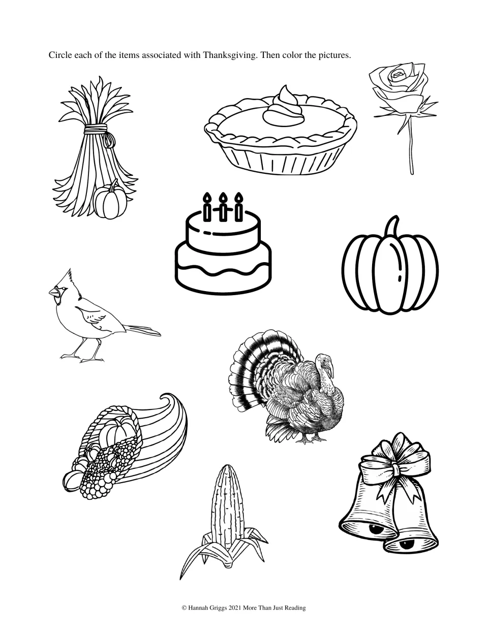Thanksgiving picture identification activity: circle holiday items among a pumpkin, turkey, cake, and other pictures